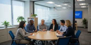 Veterans receiving guidance on benefits from VA representatives in a modern office setting.