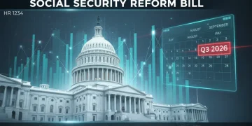 Capitol Hill with financial charts and Q3 2026 calendar, representing Social Security Bill HR 1234 reform impact.