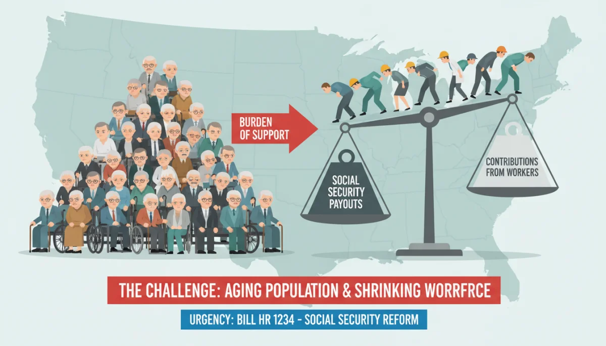 Demographic shift showing aging population and smaller working-age group, highlighting Social Security challenges.
