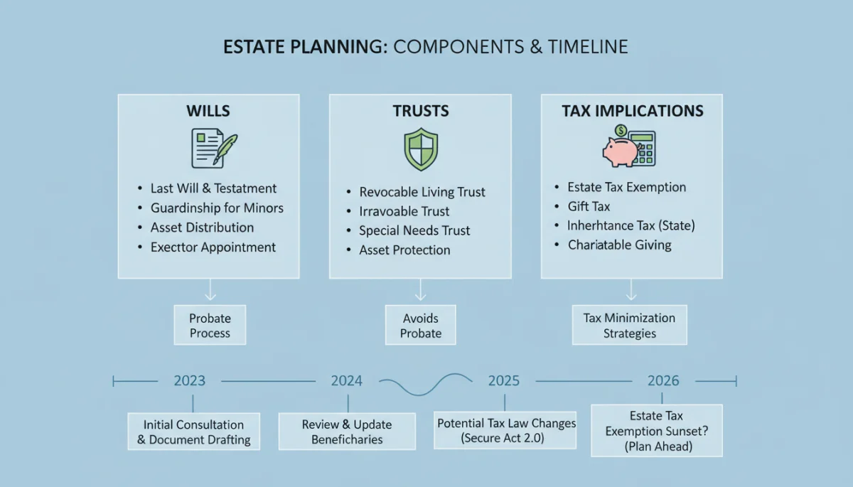 Infographic showing comprehensive estate planning components and 2026 timeline