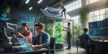 Students learning future vocational skills in robotics, data, solar, urban farming, and cybersecurity in modern training facilities.