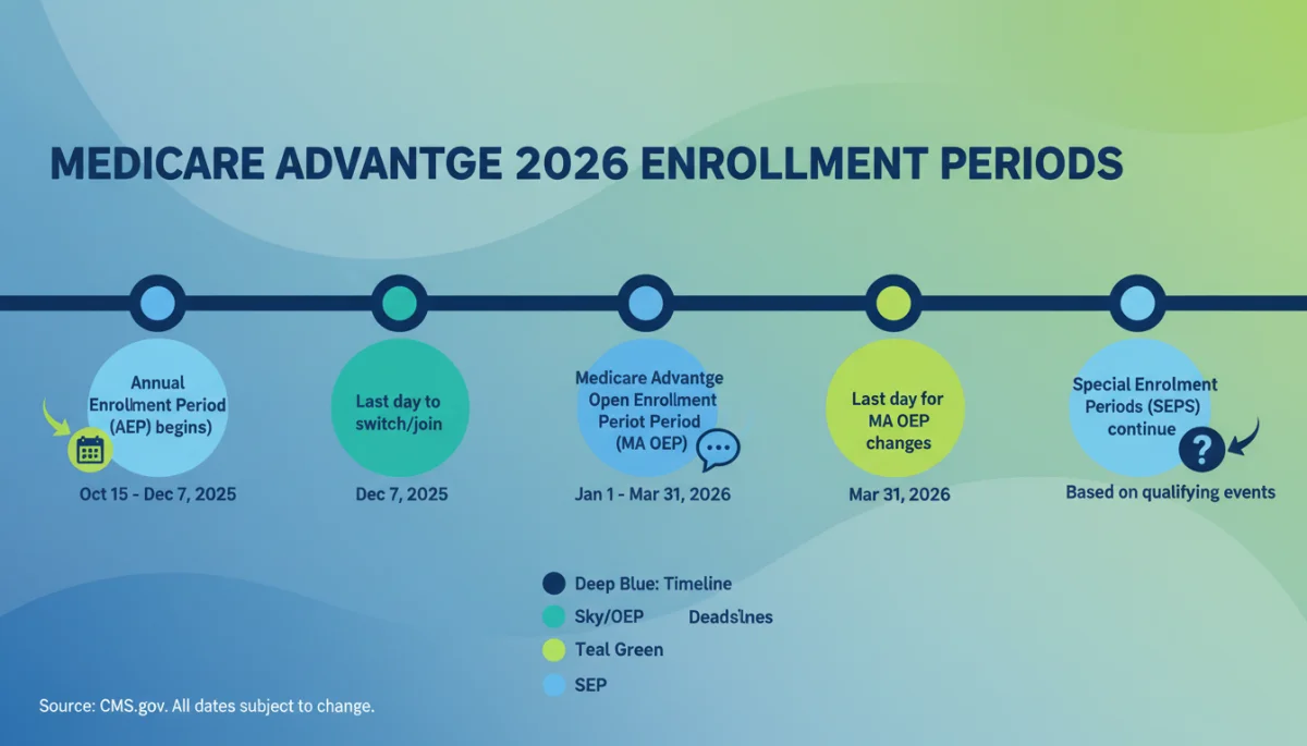 Infographic of 2026 Medicare Advantage enrollment timeline and key dates