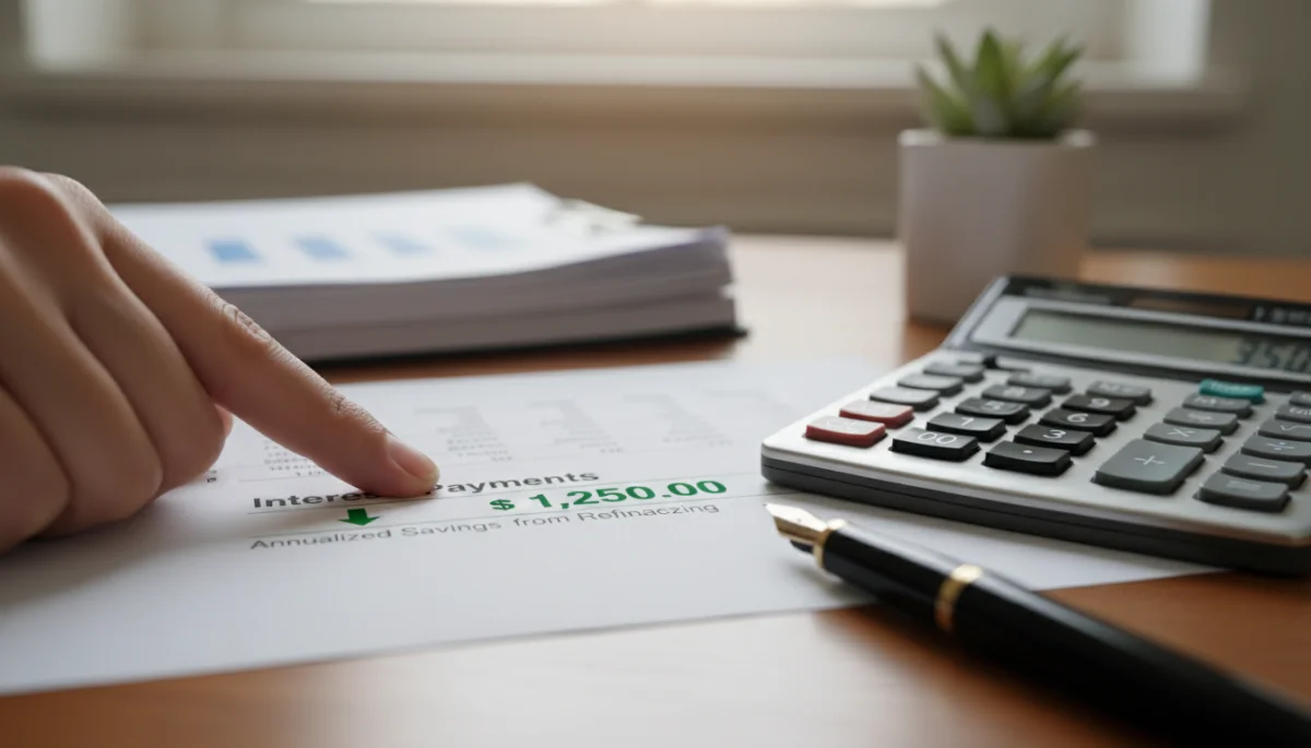 Hand highlighting reduced student loan interest payments on a statement