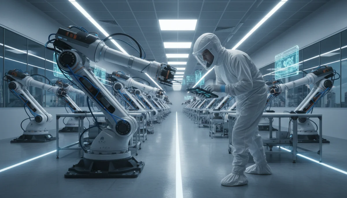 Technician inspecting a robotic arm in a high-tech manufacturing facility.