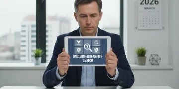 Woman searching for unclaimed government benefits on a tablet in 2026